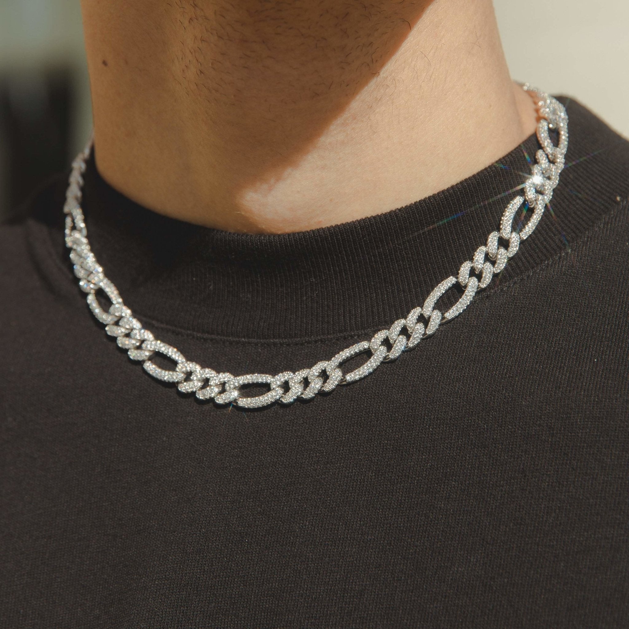 10mm Iced Figaro Chain - White Gold - Cernucci